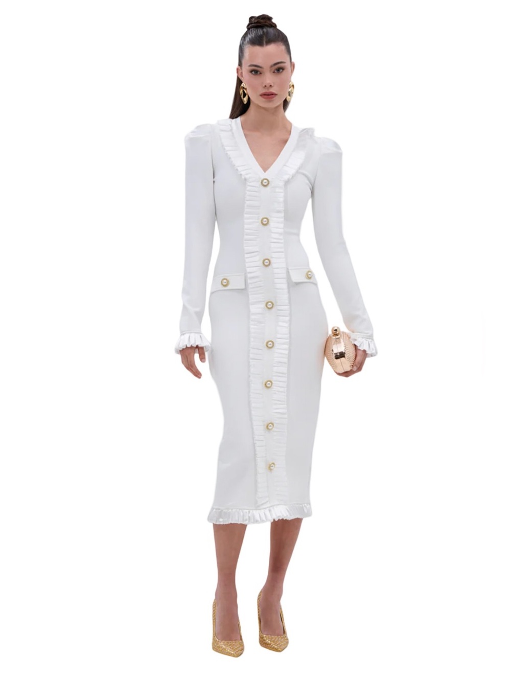 AKIRA NWT Fun Fitted White Ruffle Body-con Long Sleeve Midi Party Dress (0811)